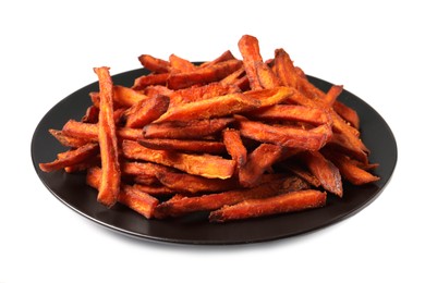 Photo of Plate with delicious sweet potato fries on white background
