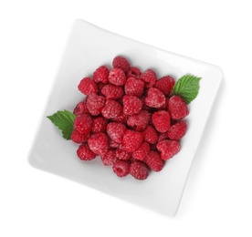 Plate with ripe raspberries on white background, top view