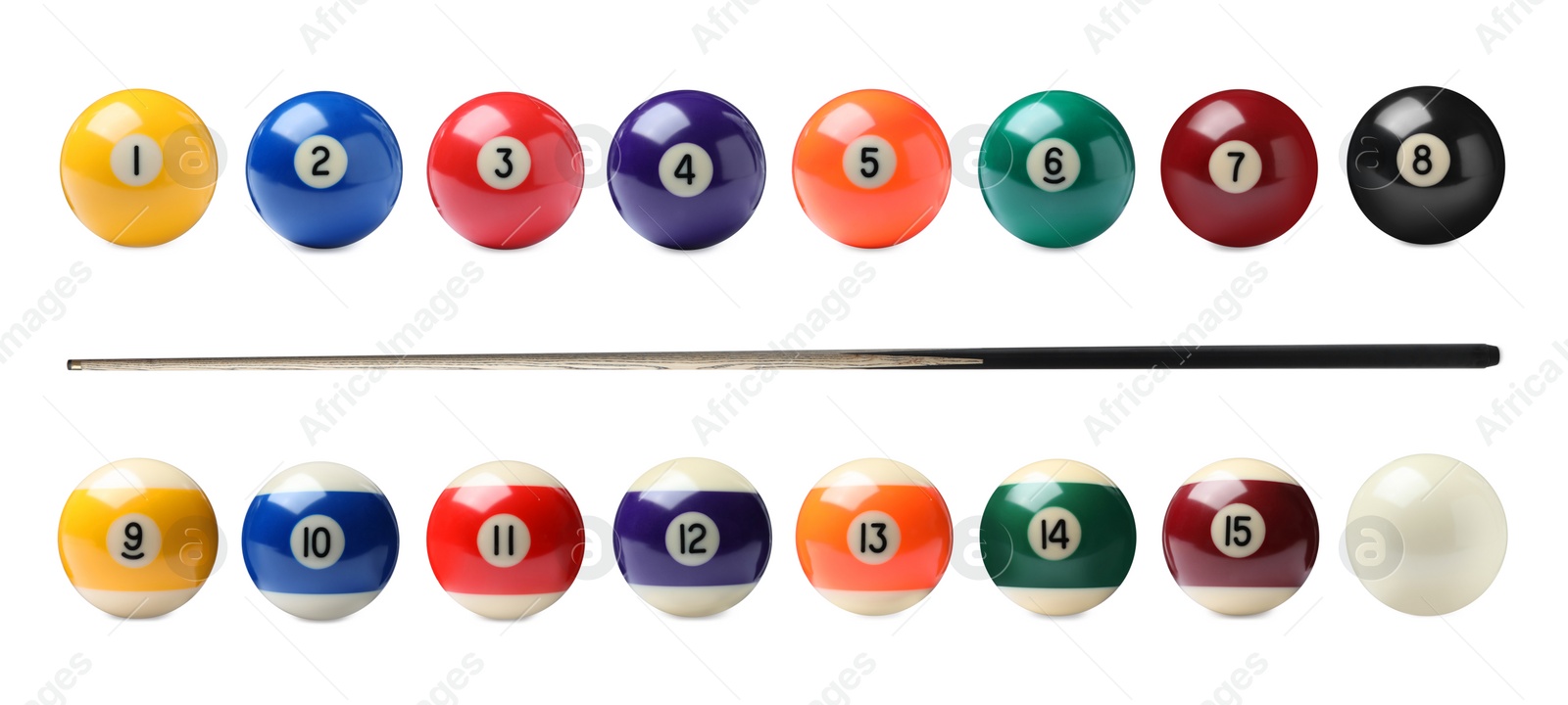 Image of Set with billiard balls and wooden cue on white background. Banner design
