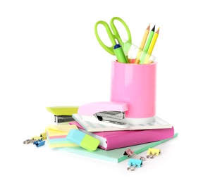 Photo of Set of colorful school stationery on white background