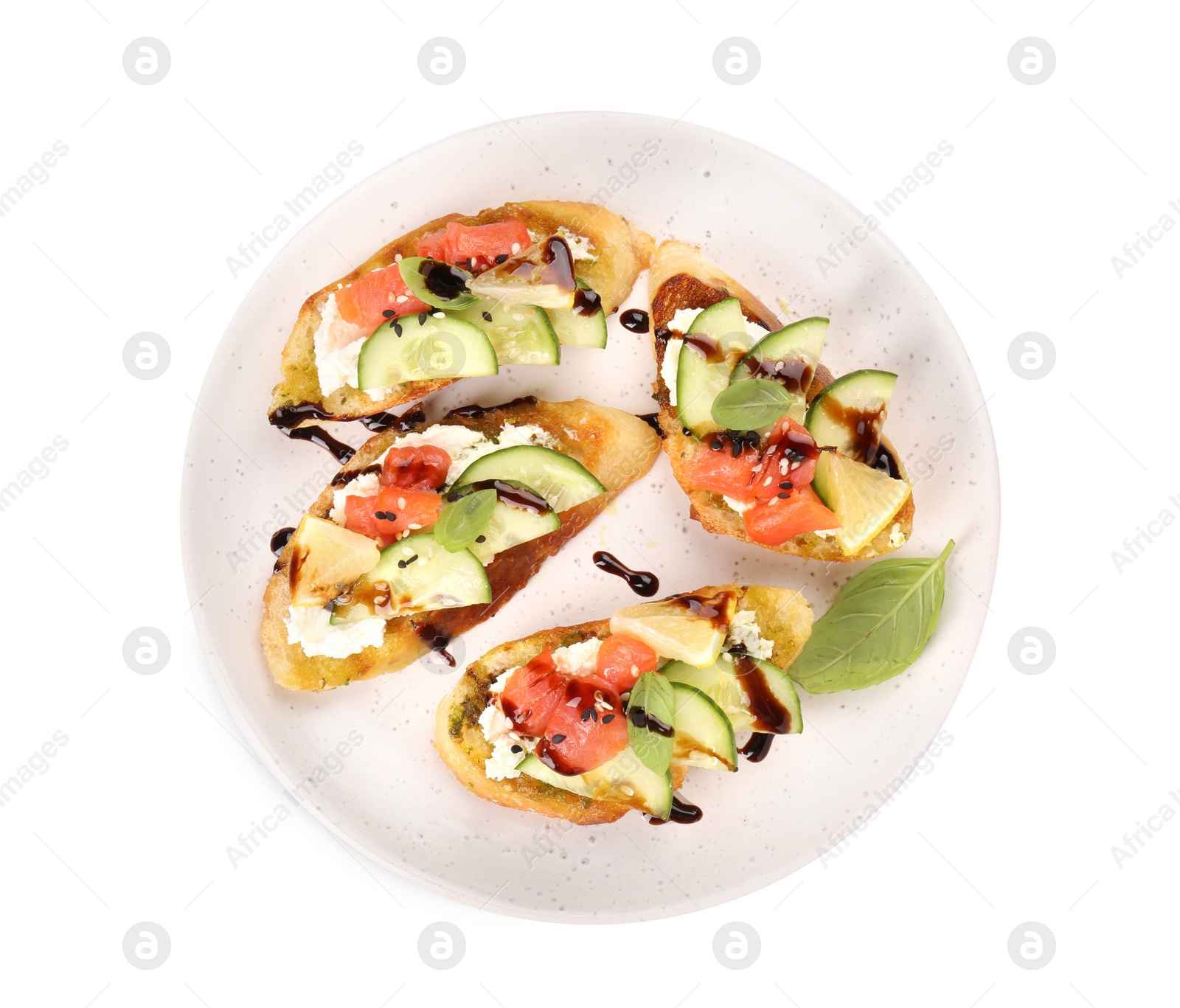 Photo of Delicious bruschettas with balsamic vinegar and toppings isolated on white, top view