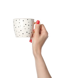 Photo of Woman holding cup on white background, closeup