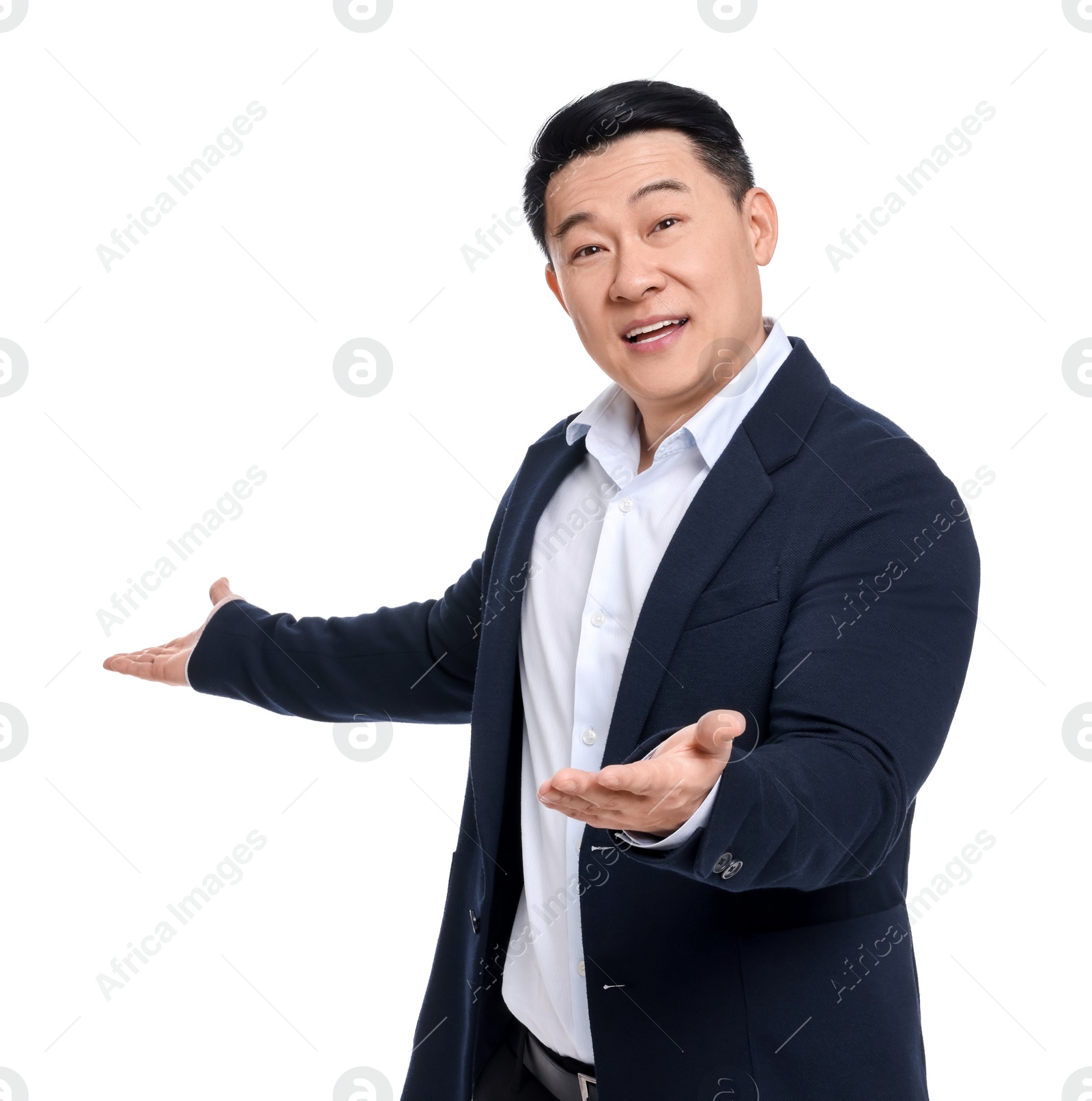 Photo of Businessman in suit posing on white background