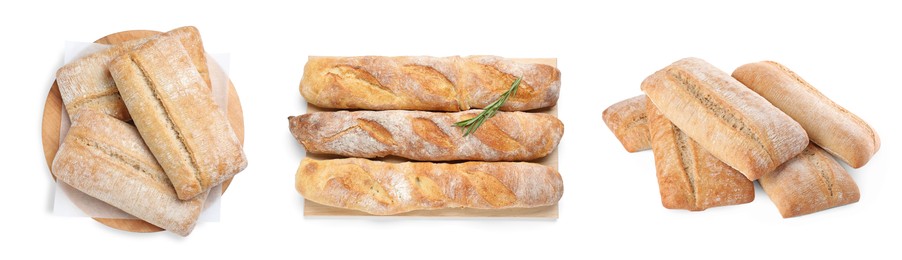 Image of Set with fresh delicious ciabattas and baguettes on white background. Banner design