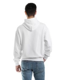 Photo of Young man in sweater isolated on white. Mock up for design