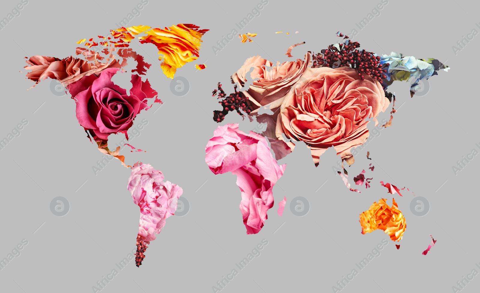 Image of World map made of beautiful flowers on grey background, banner design