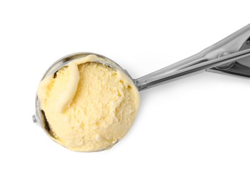 Photo of Scoop with delicious vanilla ice cream isolated on white, top view