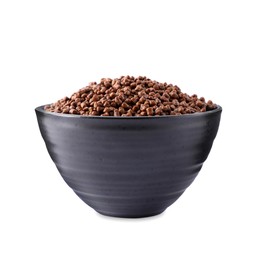 Buckwheat tea granules in bowl on white background