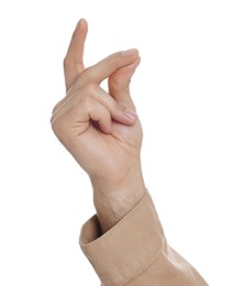 Man snapping fingers on white background, closeup of hand