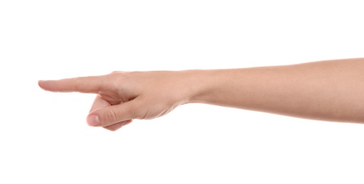 Woman pointing at something on white background, closeup of hand