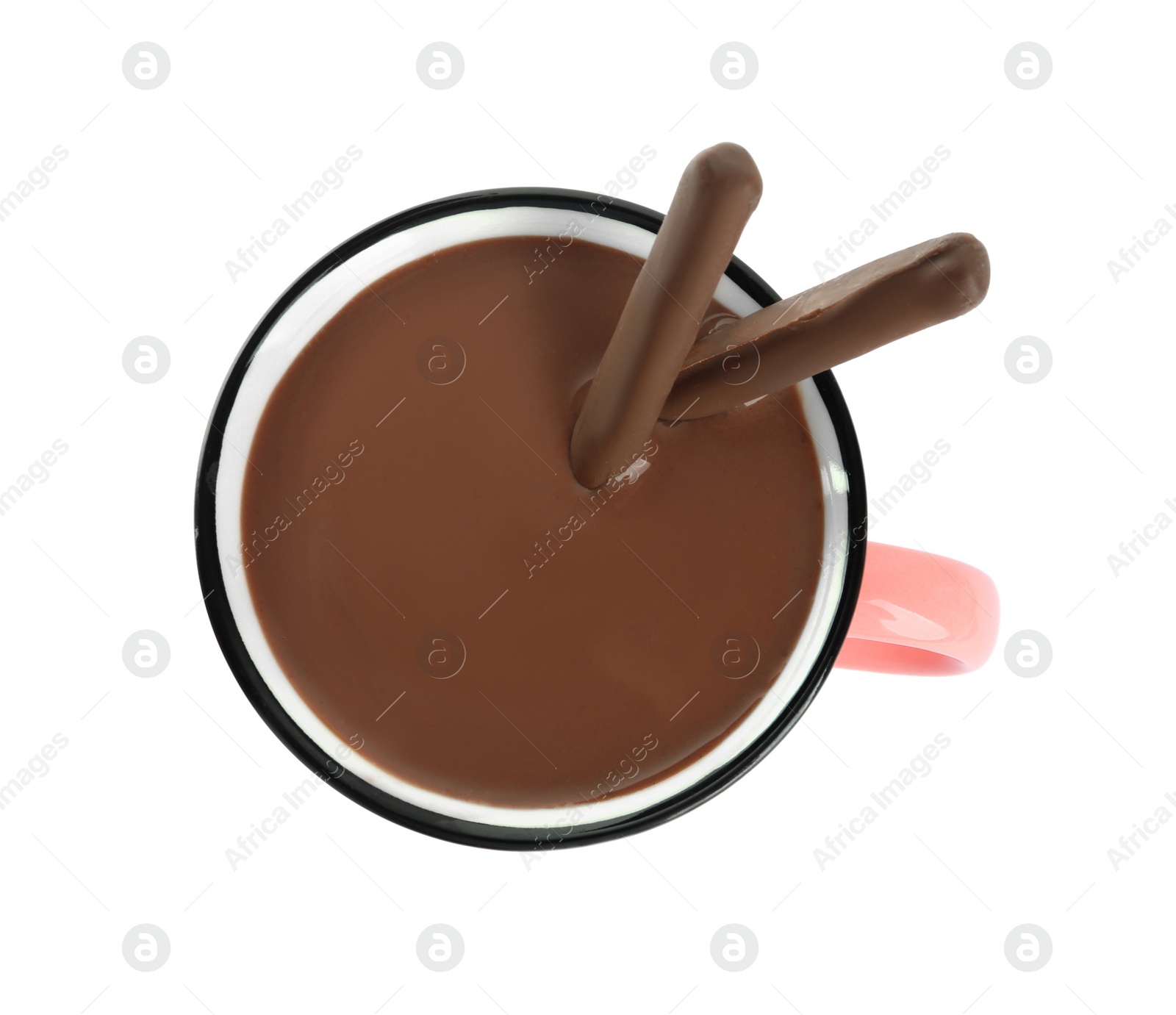 Photo of Cup of delicious hot chocolate isolated on white, top view