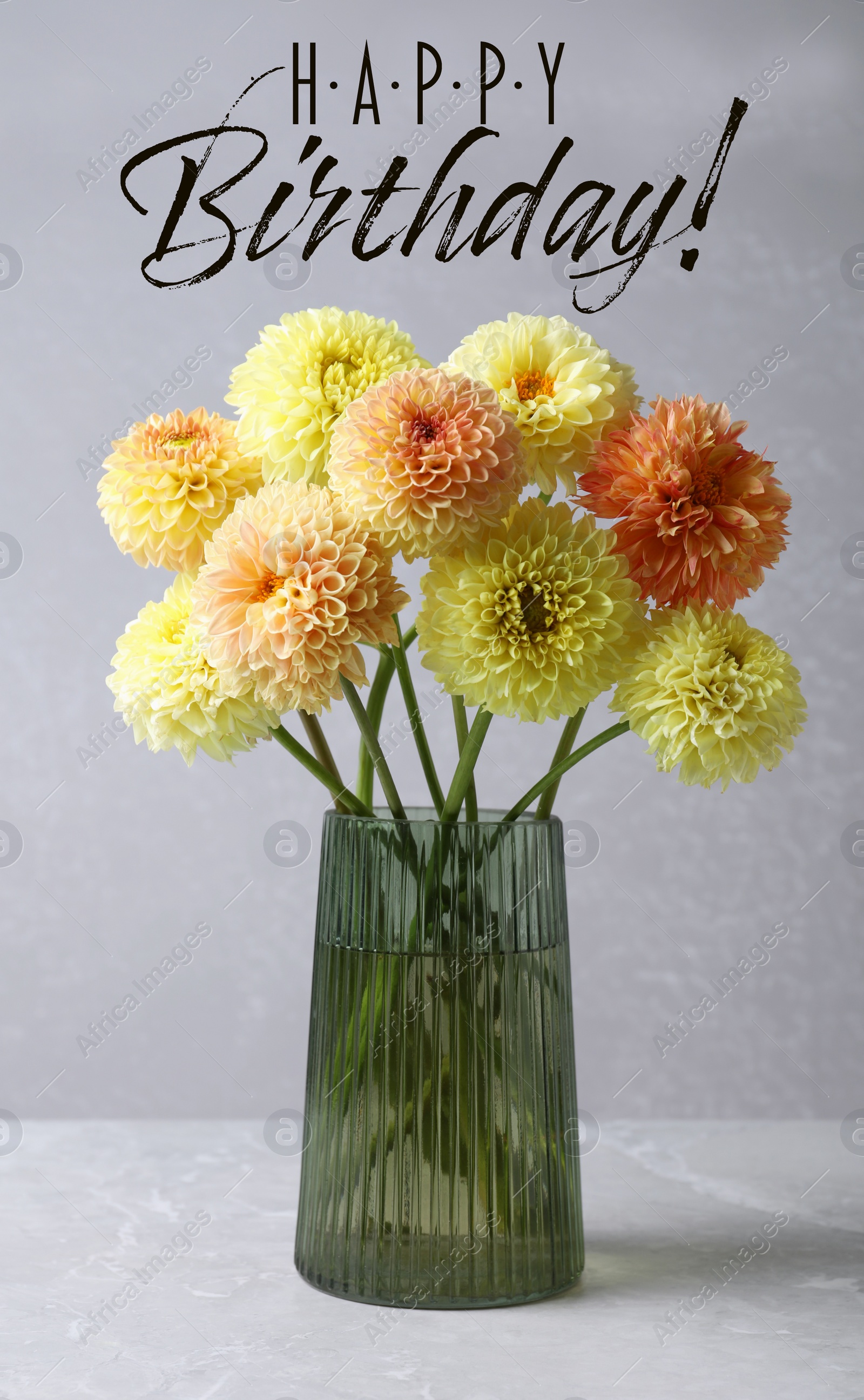 Image of Happy Birthday! Beautiful yellow dahlia flowers in vase on table against grey background