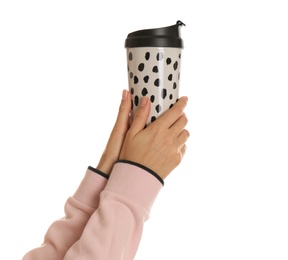 Woman holding elegant thermocup on white background, closeup