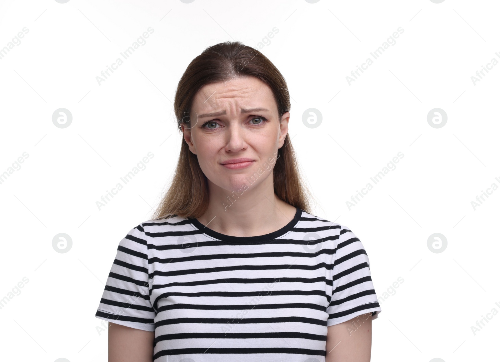 Photo of Portrait of sad woman on white background