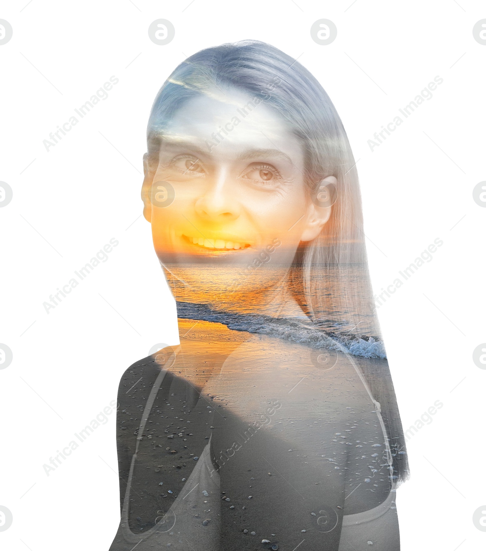 Image of Beautiful woman and seascape at sunset on white background, double exposure