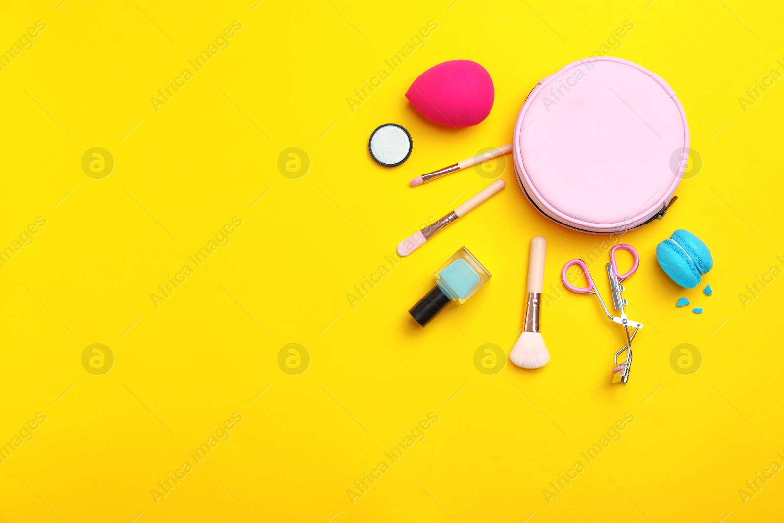 Photo of Flat lay composition with cosmetic products on color background