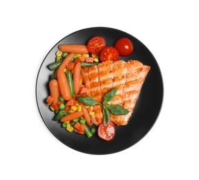 Photo of Tasty grilled salmon with mixed vegetables on white background, top view