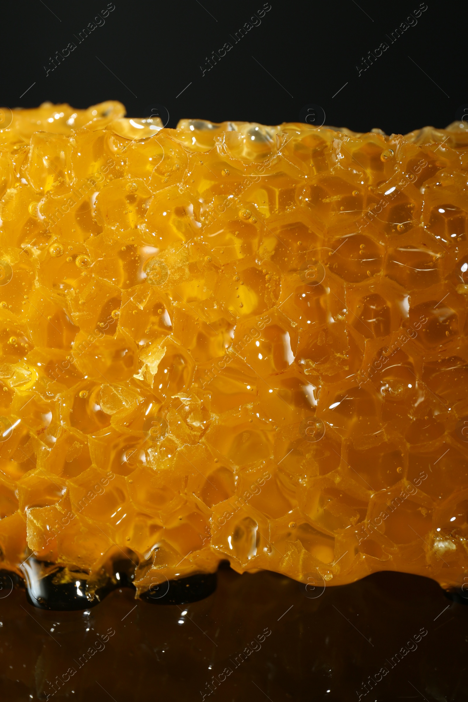 Photo of Piece of natural honeycomb with tasty honey on black background, closeup