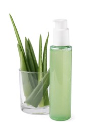 Photo of Bottle of cosmetic gel and fresh aloe isolated on white