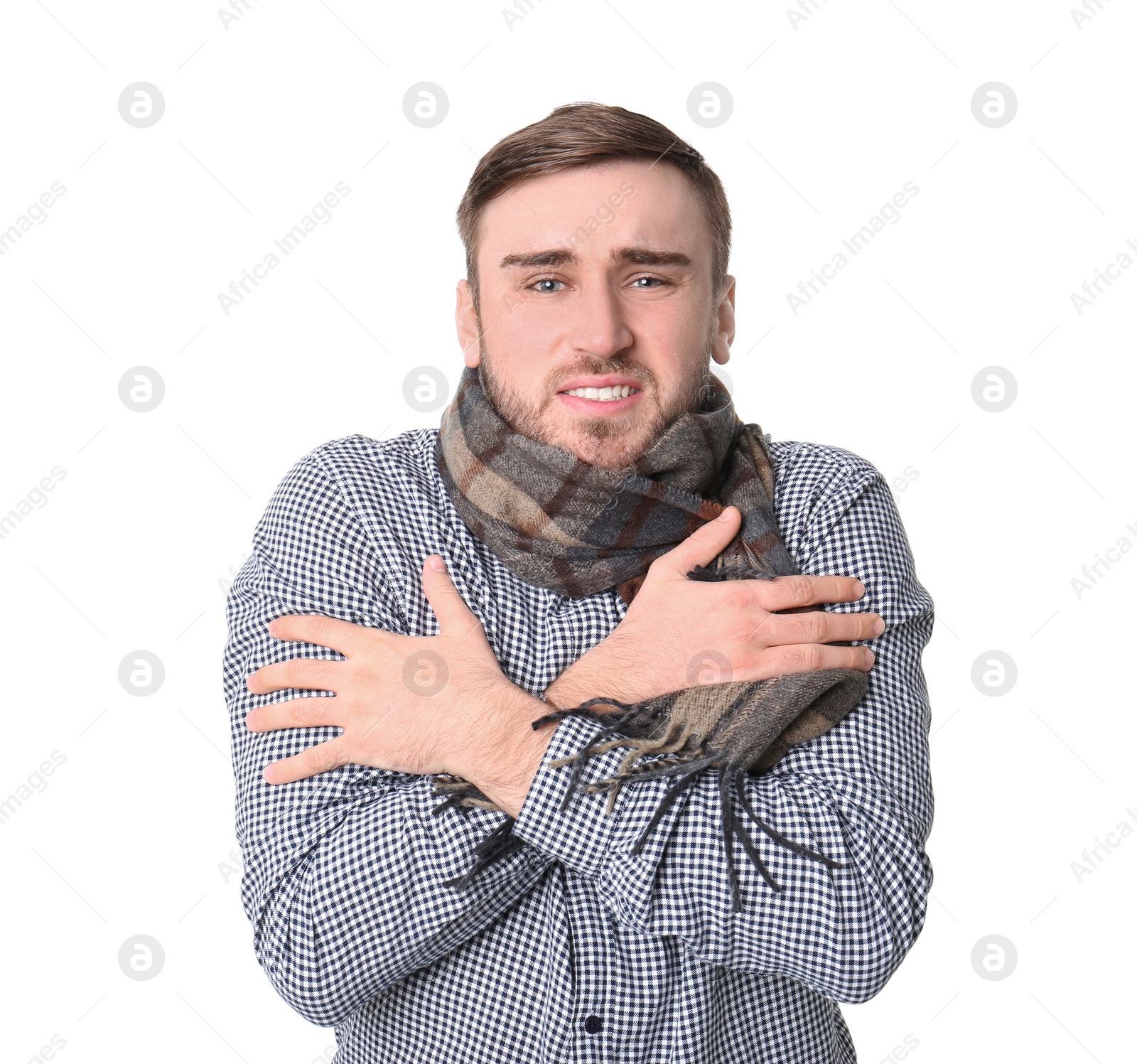 Photo of Young man with cold on white background