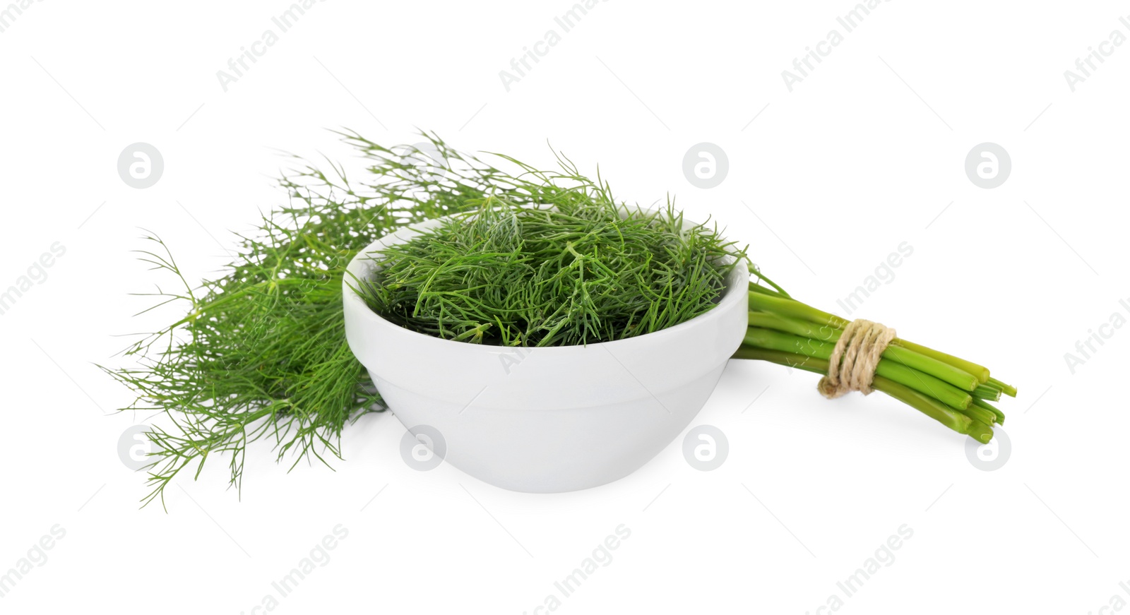 Photo of Bowl and bunch of fresh dill isolated on white