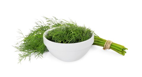 Bowl and bunch of fresh dill isolated on white