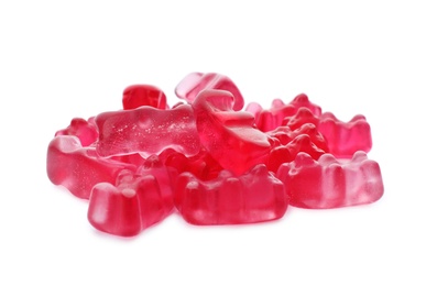 Photo of Pile of delicious jelly bears on white background