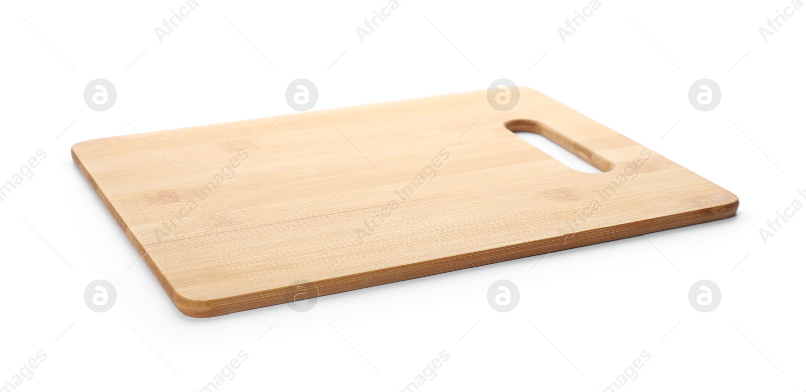 Photo of New wooden board isolated on white. Cooking utensil