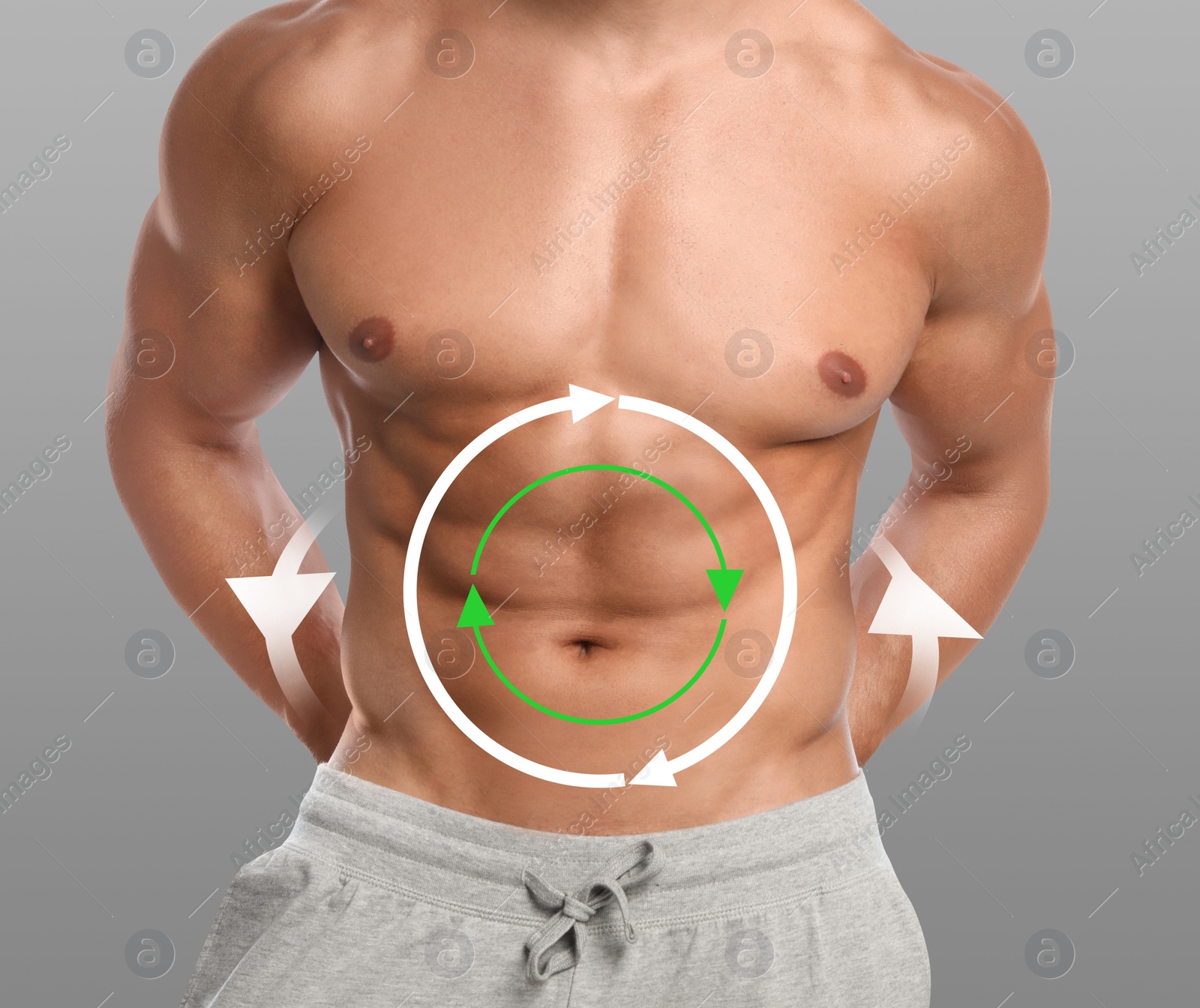 Image of Metabolism concept. Man with perfect body on grey background, closeup