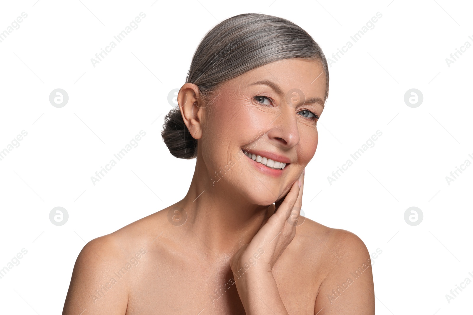 Photo of Beautiful mature woman with healthy skin on white background