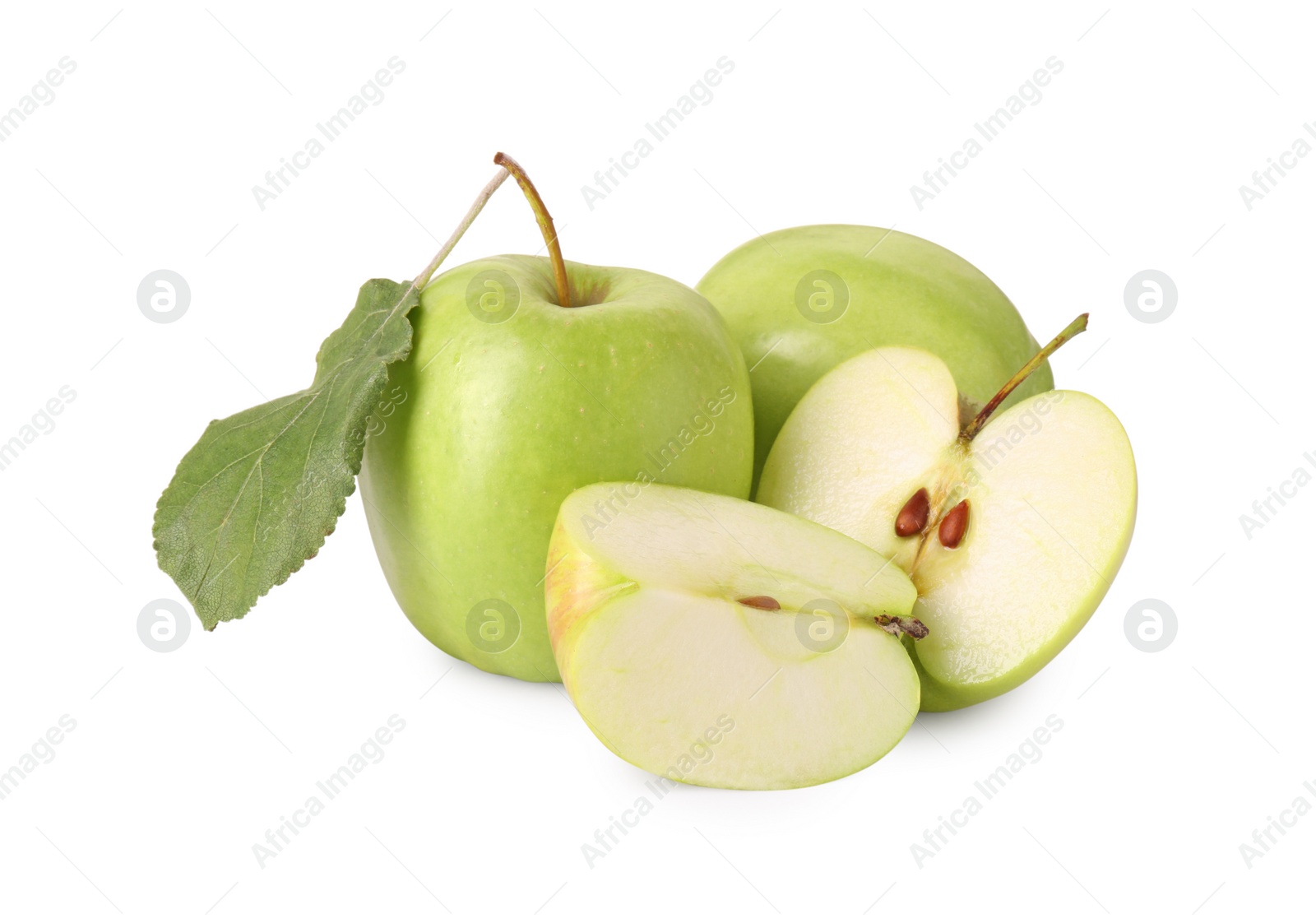 Photo of Whole and cut green apples isolated on white