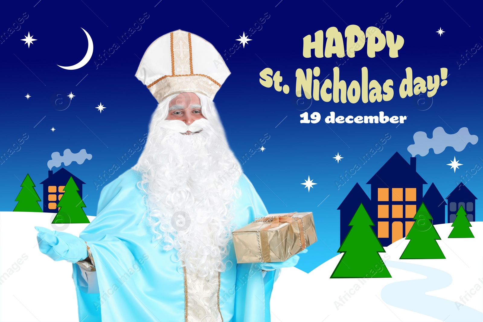 Image of Greeting card design. Saint Nicholas with present and illustration of night city on background