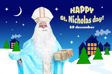 Greeting card design. Saint Nicholas with present and illustration of night city on background