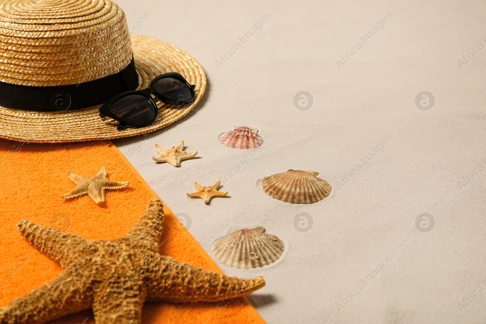 Photo of Beach towel, hat, sunglasses, starfishes and seashells on sand