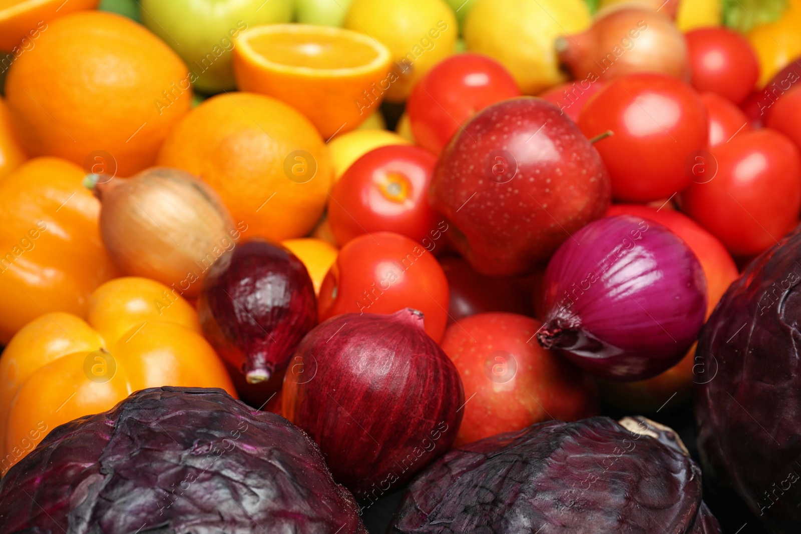 Photo of Colorful ripe fruits and vegetables as background, closeup