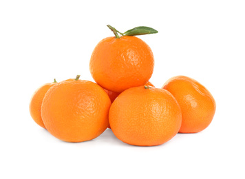 Photo of Pile of fresh juicy tangerines isolated on white