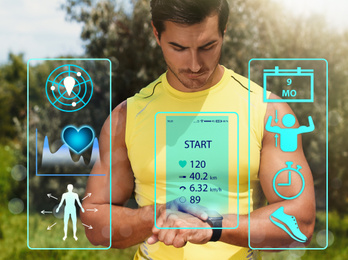 Image of Man using smart watch during training outdoors. Illustrations near hand with device