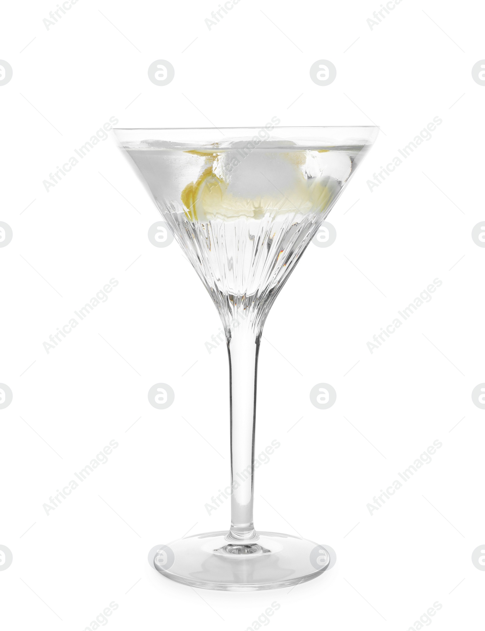 Photo of Martini glass of refreshing cocktail with lemon and ice cubes isolated on white