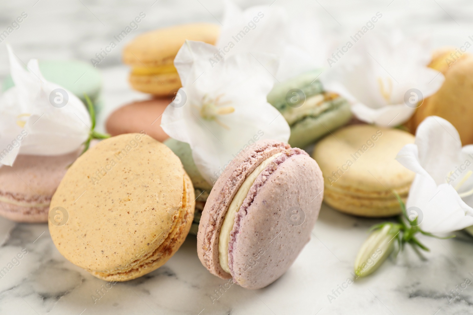 Photo of Delicious macarons and flowers on white marble table, closeup