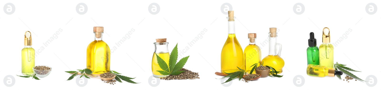 Image of Set with hemp oil, seeds and leaves on white background. Banner design