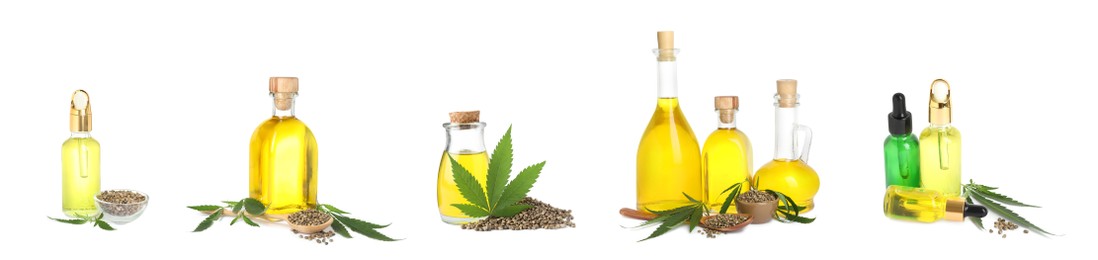 Image of Set with hemp oil, seeds and leaves on white background. Banner design