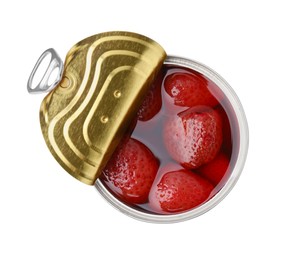 Open tin can of strawberries isolated on white, top view