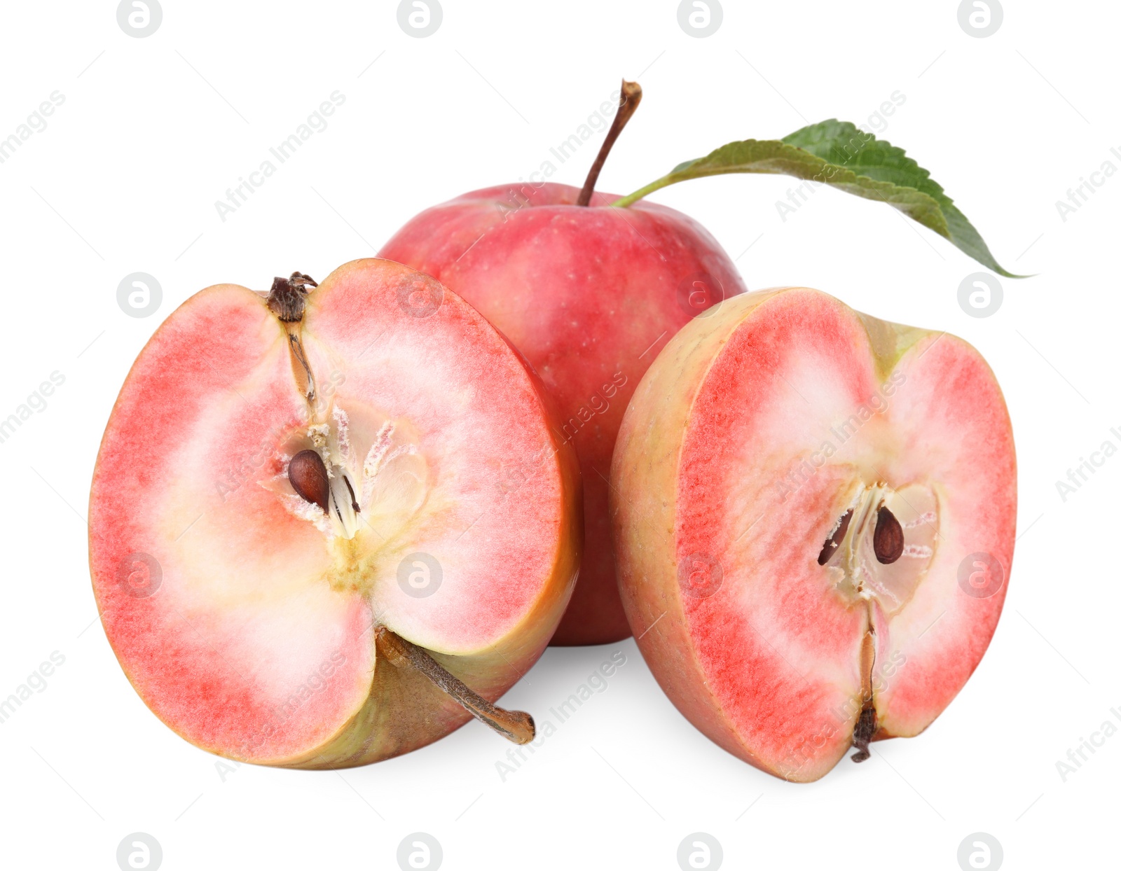 Photo of Tasty apples with red pulp isolated on white