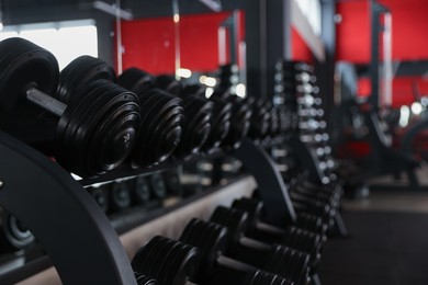 Photo of Many different dumbbells on stand in gym