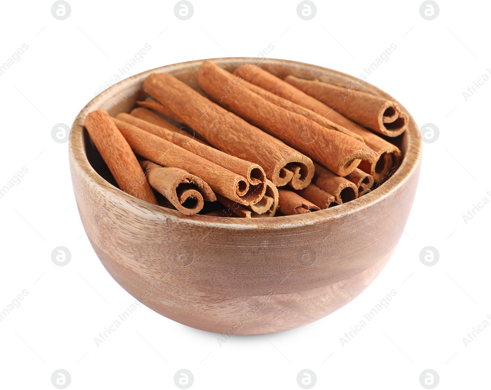 Photo of Cinnamon sticks in bowl isolated on white