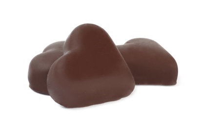 Beautiful heart shaped chocolate candies on white background