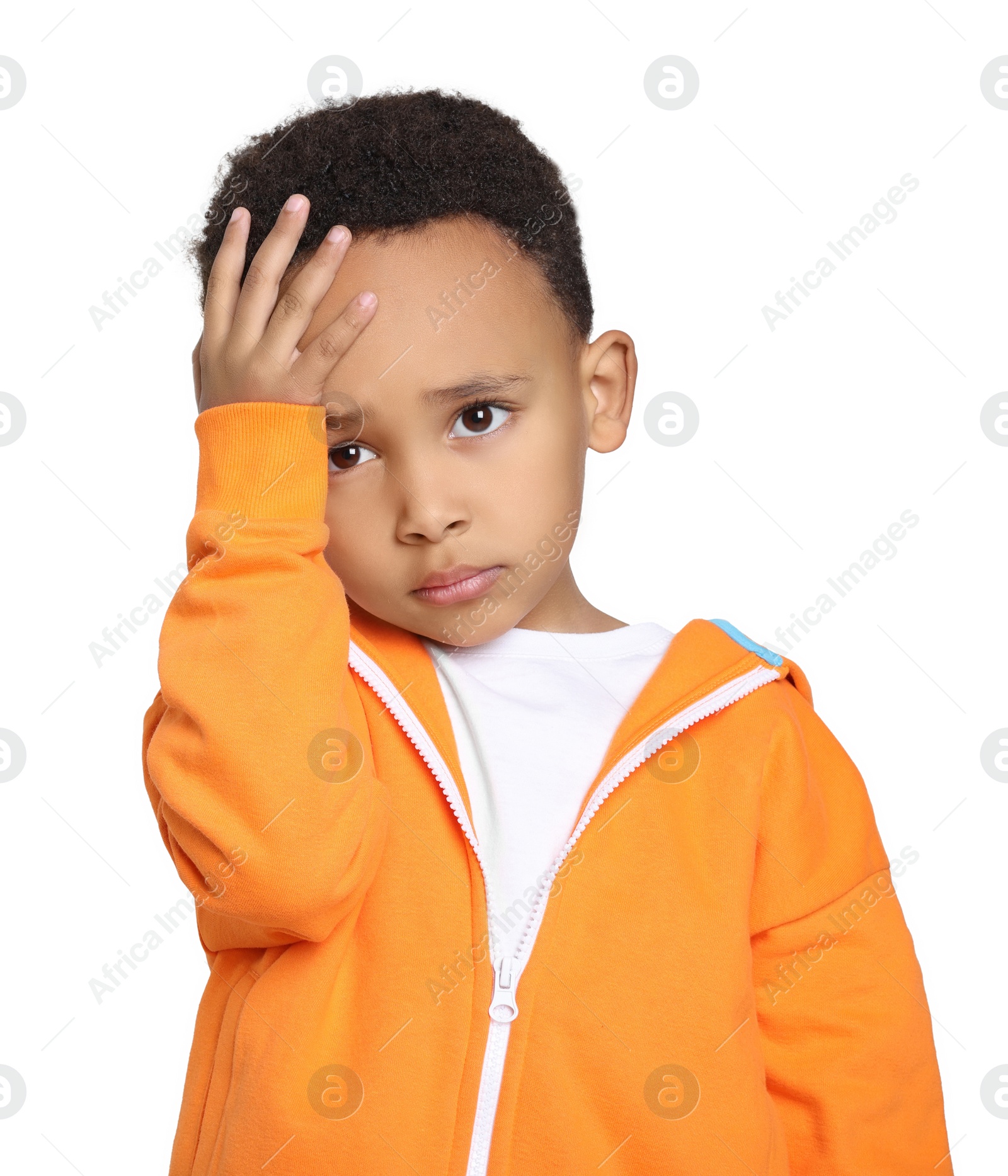 Photo of Emotional African-American boy on light grey background