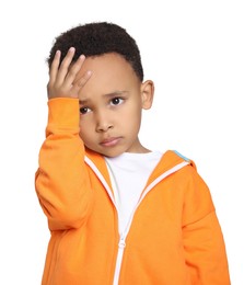 Photo of Emotional African-American boy on light grey background