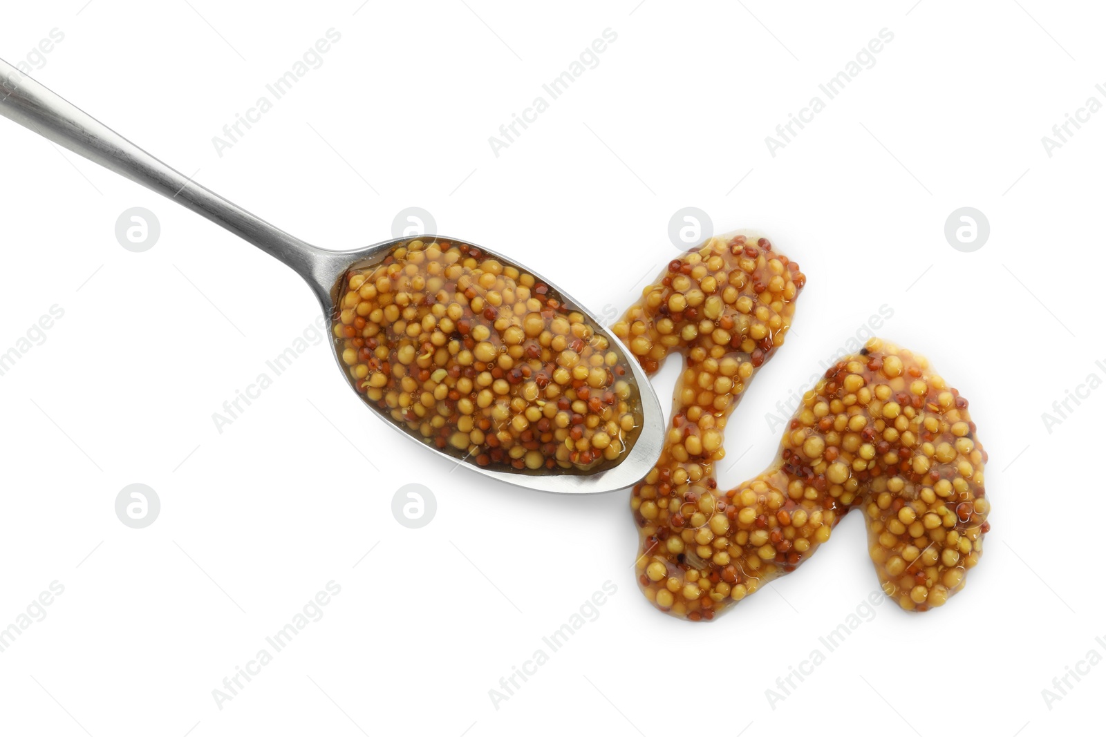 Photo of Fresh whole grain mustard and spoon isolated on white, top view