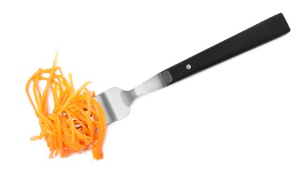Photo of Fork with delicious Korean carrot salad on white background, top view